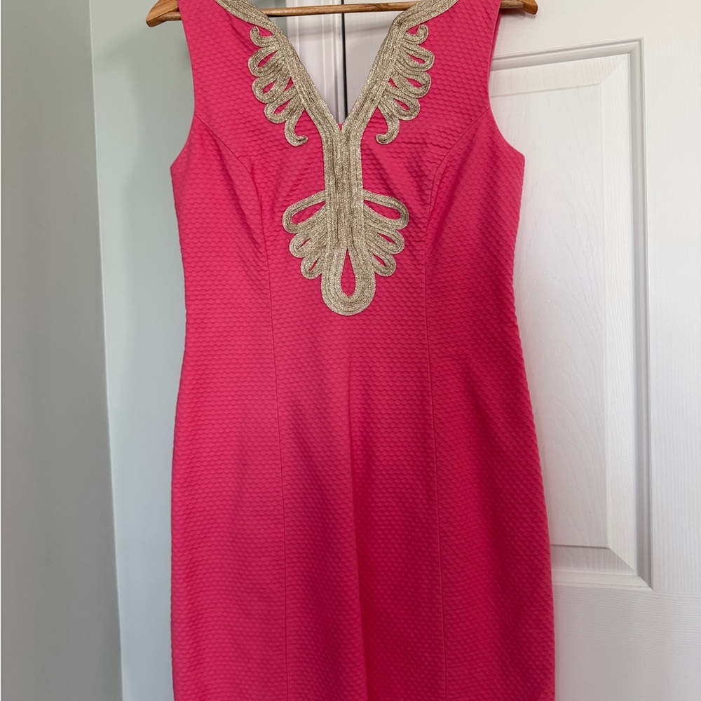 Lilly Pulitzer Hot Pink Sleeveless Dress with Gold Embellished V-Neckline